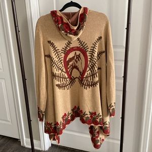 Tasha Polizzi Tan and Red Hooded Cardigan